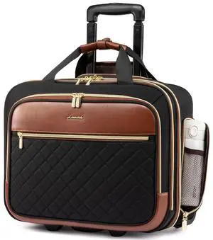 LOVEVOOK Rolling Laptop Bag Women, 17.3 Inch Laptop Briefcase with Wheels, Soft Sided Underseat Carry On Luggage Personal Item Suitcase for Work Travel Business, Black Brown