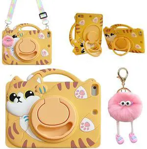 3D Cute Vivid Cat Case for iPad 10th Generation (2022) 10.9 inch/iPad (A16) 11th 2025 11 inch,Cartoon Character Pretty Cat Soft Silicone Rotating Stand Case with Lanyard for Kids Teens Girls Women