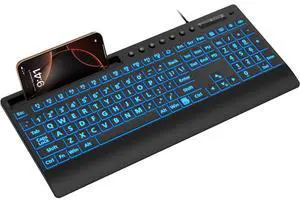 SABLUTE Large Print Backlit Keyboard, USB Wired Computer Keyboard with Backlight Memory Function, Wrist Palm, 7-Color Lighted Office Home Keyboards,Light Up Keyboard for Windows Desktop, Laptop, PC