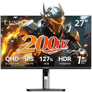 CUNPU 27 Inch QHD 2560 x 1440 Gaming Monitor, 180Hz (Up to 200Hz),1ms GTG, Fast IPS, DCI-P3 93%, High Brightness 450cd/, G-Sync & FreeSync, Tilt Stand, DP/HDMI, 144Hz 2K Monitor