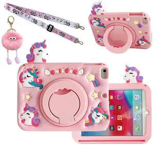 Lubiogio 3D Cute Unicorn Case for iPad mini 1st 2nd 3rd 4th 5th Gen 7.9 inch,Kawaii Cartoon Pretty Animal Soft Silicone Rotating Stand Case with Lanyard for Kids Teens Girls Women- Pink