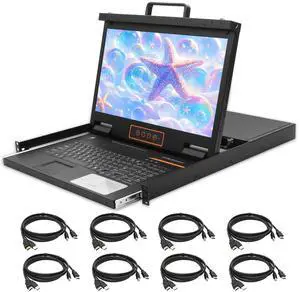 8 Port HDMI Rack Mount KVM Console 18.5-Inch 1080P with Cables, 1U Height LCD KVM Switch, Rackmount Monitor and Keyboard Mouse, OSD/Hotkey/Button Switching, 16:9 Aspect Ratio, Mount Depth 27" to 30.3"