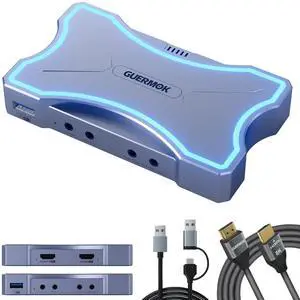Guermok 4K HDMI Capture Card with Touch LED, Dual HDMI in/Loop-Out, USB 3.0, 4K@60Hz/ 2K@144Hz Video Capture, Mic/Line in, 4 Audio Outputs, Efficient Cooling, Streaming and Gaming for Switch2/1