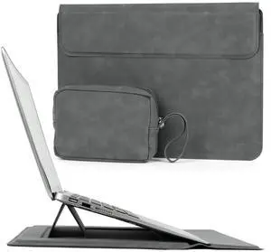 Allinside 13-14 Inch Laptop Sleeve Case for MacBook Pro 14" 2021-2024/MacBook Air 13" 2010-2017/MacBook Pro 13" 2010-2015, Waterproof PU Leather Sleeve Cover with Stand & Accessory Pouch, Gray