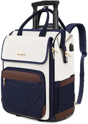 Rolling Backpack for Women, Travel Rolling Laptop Backpack with Wheels, Vertical & Horizontal Storage 2 In 1, Flip-Top Design, Water-Resistant Overnight College Underseat Carry on Luggage, Navy Blue