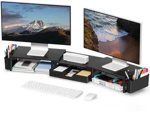 OPNICE Desk Organizers and Accessories, Dual Monitor Stand Riser with Drawer and 2 Pen Holders, Desk Shelf Metal Computer Racks for Office Workspace Organizers, Desktop Organization (Black)