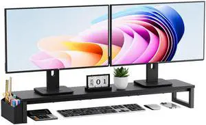 VERSASKY Dual Monitor Stand Riser, 41.5'' Extra Long Wood Monitor Stand Desktop Organizer with Side Pocket, Ergonomic Monitor Riser Supports 2 Monitors,TV,Laptop,Printer for Home Office, Black