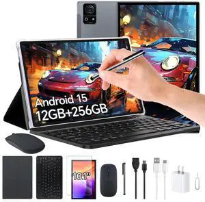 10Android 15 Tablets WiFi Model,12GB+256GB+1TB Expandable,8 Core CPU A523,8000mA Large Battery,13MP+5MP Camera,5Gwifi/GPS/IPS/Face ID,Includ Keyboard/Mouse/Stylus/Case/Protective Film (M7-Gray)