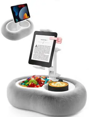 Tablet Pillow Stand, Compatible with 4.7"-12.9" Kindle, iPad, Phone/Tablet, Google, 360° Rotating Phone Holder for Bed, Detachable Bowl, Reading and Relaxation on Bed, Gray, Large (Faux Fur Pillow)