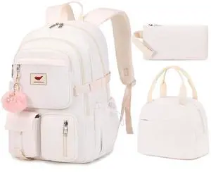 Laptop Backpack 15.6 Inch Elementary Middle High School Bag College Backpacks with Lunch Box Pencil Pouch 3 PCS Set Travel Bookbags for Teens Girls Women Students (Off-white)