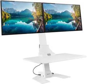 Mount-It! Electric Standing Desk Converter, Motorized Sit Stand Desk Riser with Dual Monitor Mounts, Adjustable Height Ergonomic Workstation with 28 Wide Platform and Tablet/Phone Slot, White