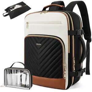 Telena Travel Backpack for Women, 17.3 inch Laptop TSA Carry On Personal Item Size Flight Approved Travel Bag Daypack with Multi-Pockets for Work, Travel, Business, Black-Beige-Brown