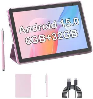 Android 15 Tablet with Case and Stylus, 10 inch Android Tablets, 6GB RAM 32GB ROM 1TB Expand, Quad-Core Processor Tablet PC, 6000mAh Battery, 10.1'' 1280x800 HD Screen, Dual Camera, WiFi, BT, Pink