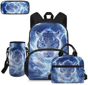 doginthehole Lightning Tiger School Backpack for Boys 15inch Cool Boys School Backpack with Lunch Bag 4Pcs Lightweight Boys Bookbag Age 8-10 for Elementary School Kids Casual Hiking Daypack