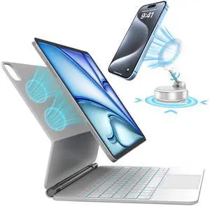 Otuoor Premium Magnetic 7-Color Backlit Touchpad Keyboard Case for iPad Air M2/M3 & Pro 12.9 and 360° Rotating Vacuum Suction Car Phone Holder for iPhone 12-16/Android Bundle