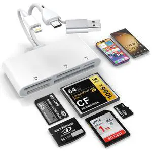 5-in-3 Memory Card Reader, Lightnin-Type C-USB A Three Connector to SD/TF/CF/Micro SD/XD/MS USB OTG Adapter, Multi Memory Card Reader for iPad/iPhone/Android/MacBook/PC with Mac/Windows/Linux/Android