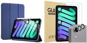 ProCase Smart Case(Navy) for iPad Mini 6 8.3 Inch 2021 Bundle with 2 Pack Screen Protector + 2 Pack Camera Lens Protector Matching iPad Colors(Gray) for iPad Mini 6th Generation