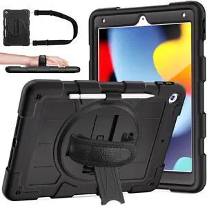 Andnary for iPad 9th/8th/7th Generation 10.2 inch Case 2021/2020/2019 with Pencil Holder, Shockproof Case with 360° Rotating Hand Strap & Stand for Adult Kids Girl, Black