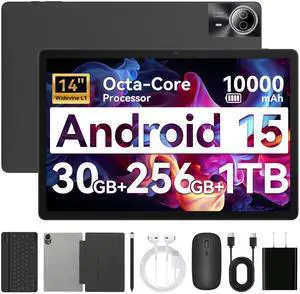 URAO Tablet14 inch Android 15 Tablet30GB RAM 256GB ROM1920 * 1200 IPS FHD10000mAh 30W Fast ChargingOcta-core ProcessorWi-Fi 6, BT 5.4Dual Camera with KeyboardMouseStylusCaseHeadphone