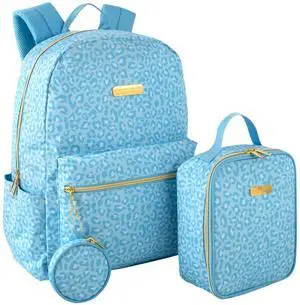 Jessica Simpson Womens Computer Backpack with Lunch Box, Side Pockets, Coin Purse Keychain | 3 Piece Laptop Backpack with Lunch Bag Set (Bold Blue Cheetah)