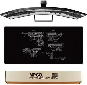 MPCO. Blueprints Large Gaming Desk Pad - 36" x 17" Aeroglyde Fabric Pistol 38  Black Desk Mats - Non-Slip, Washable, Smooth Glide for Precision Gaming & Work