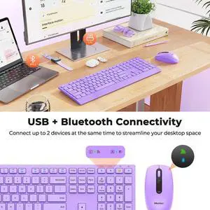 MEETION Bluetooth Keyboard and Mouse Combo, Wireless Keyboard and Mouse, Slim Full Size Rechargeable Keyboard, 3800 DPI Optical Mouse, for Laptop Computer Desktop iPad Phone, Windows/Mac, Purple