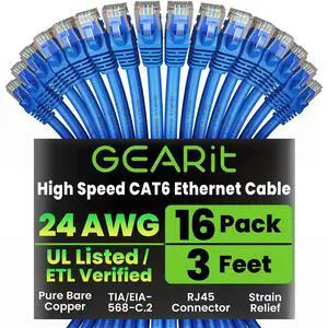 GearIT Cat 6 Ethernet Cable Pack - 16-Pack 3 ft Cat6 Ethernet Patch Cables | RJ45 Network Patch Cable, 10 Gbps Snagless Gold-Plated Connectors - Ethernet Cable Cat 6 for PC, TV, Router - Blue