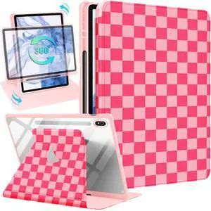 Wazzasoft for Samsung Galaxy Tab S10 Fe Case - Tab S9 Fe/S9 Case with Pencil Holder Women Girls Cute Girly Pretty Pink Checkered Unique Aesthetic Design Teens Rotating Tablet Cases Cover