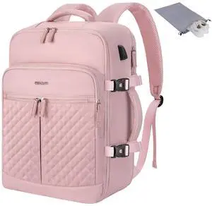 MOSISO 40L Travel Backpack for Women, Rhombus Quilted Flight Approved Carry on Daypack with USB Charging Port&Drawstring Bag, 17-17.3 inch Laptop Backpack for Office Work Travel Essentials, Pink