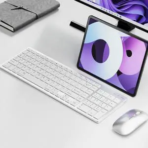 EWEADN K936 Wireless Keyboard and Mouse, Bluetooth/2.4G Rechargeable Slim Quiet Keyboard and Mouse Combo with Number Pad and Cover Bluetooth Keyboards for Windows, macOS, PC/Computer/Laptop - Sliver