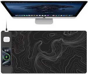 TopMade Mouse Pad with 15W Fast Wireless Charging, 31.5"x15.75" XXL Large Gaming Waterproof Desk Pad with Ultra-Smooth Surface, Non-Slip Base, Computer Desk Mat, Black Topographic Map #2