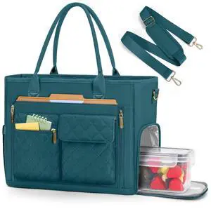 RAINSMORE Teacher Tote Bag with Insulated Lunch Compartment 15.6 inch Laptop Bag for Women Lightweight Work Bags Nurse Bags Professional Briefcase Computer Handbag for Office, College, Nursing, Green