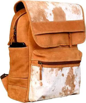 YUHIB Cowhide Leather Backpack for Men & Women 15 Inches Full Grain Cowhide Hair On Leather Laptop Backpack for Rucksack Knapsack Vintage Cow Skin Shoulder Bag for Travel, Hiking, DailyWear