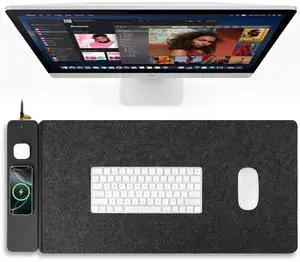 Wireless Charging Mouse Pad, QI2 Compatible Dual Fast Charger, Replaceable Felt & Leather Desk Mat, for Office & Gaming, Large Surface, iPhone & Android Compatible (Felt)