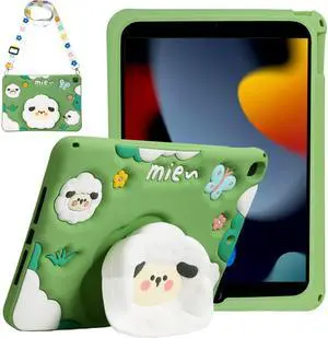 Case for iPad 9th/8th/7th Generation 10.2 inch 2019/2020/2021, Shockproof Silicone Soft Kid Case with Shoulder Strap & Stand - Green Lamb