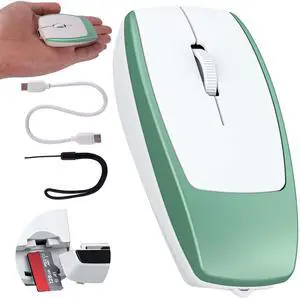 Wireless Mouse Mini Small Bluetooth with Card Reader (Up to 2TB) Portable Silent Rechargeable Optical Travel Thin Finger Mice 3 Levels DPI for PC Smartphone Laptop Tablet Android Windows GiftGreen