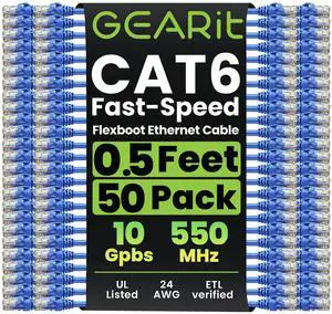 GEARit 50-Pack Cat6 Patch Cable 0.5 Foot / 6 Inches Cat 6 Ethernet Cable Snagless Flexible Soft Tab - Preimum Series - Blue GEARit 50-Pack Cat6 Patch Cable 0.5 Foot / 6 Inches Cat 6 Ethernet Cable Snagless Flexible Soft Tab - Preimum Series - Blue