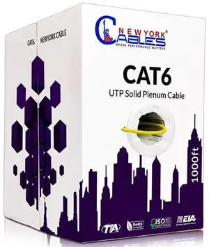 NewYork Cables | CAT6 Plenum Cable 1000ft | UTP, 550MHz, 23AWG, 4Pair 10GB | Most Certified CMP-Rated Fire-Resistant Bulk Cat 6 Ethernet Cable for Networking & Gaming (1000ft, Solid Conductor, Yellow)