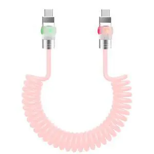 chubbycable Neon Chubby - Neon Glow Fast Charge Spring Cable with Gradient Illumination Coiled USB C Cable for Car, Pink, Type-C to Type-C, 1.64FT-4.43FT
