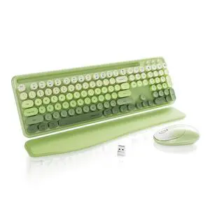 FCPLU xUBOTIE Wireless Keyboard and Mouse, Colorful 104-Key QWERTY with Round Keys, Phone Holder, Wrist Rest, Power Buttons, 2.4GHz USB for PC Laptop(Green Gradient)