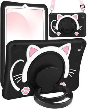 Wazzasoft for Samsung Galaxy Tab S6 Lite 10.4 Case Girls Cute Black Cat Cover Girly Kawaii Cartoon Women Kitten with Rotating Handle Stand & Strap Soft Silicon Funda for Samsung S6 Lite Tablet Cases