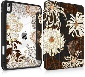 MEEgoodo Case for iPad A16 11th Generation 11 inch 2025/10th Gen 10.9 inch 2022, Cover with Clear Acrylic Back Shell,Tablet Case with Pencil Holder+Auto Wake/Sleep+Trifold Stand, White Chrysanthemums