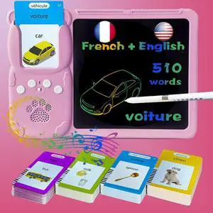 HALCONTORNO Drawing Writing Tablet for Toddlers - Talking English French Flash Cards for Kids 3-12, Sensory Toys for Autistic Children, 510 Sight Words, Travel Activity (French - Pink)