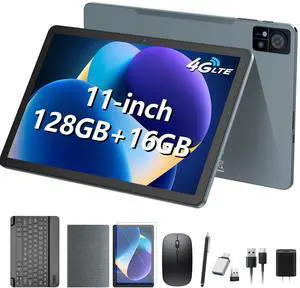 11 Inch Tablet, Android 14 Tablet with Sim Card Slot, 128GB+16GB+1TB Expandable, 2.0Ghz Octa-Core, 8000mAh Battery, Incell Screen, 21+8MP Dual Camera, 5G WiFi, Tableta with Keyboard/Mouse/Case, Gray