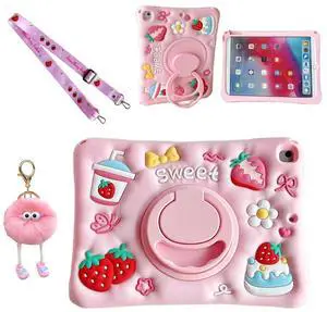 Lubiogio 3D Cute Strawberry Cake Juice Case for iPad 10th Generation (2022) 10.9 inch/iPad (A16) 11th 2025 11 inch,Cartoon Dessert Soft Silicone Rotating Stand Case with Lanyard for Kids Girls