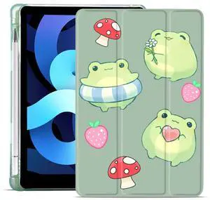 MAYCARI Cute Animal Case for iPad 10.2 inch 2021/2020/2019 with Pencil Holder, Frog Mushroom Strawberry iPad 9th/8th/7th Generation Soft TPU Back Protective Case, Auto Sleep/Wake Slim Shell
