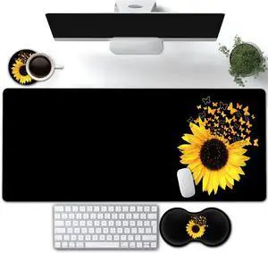Large Gaming Mouse Pad, Extended Waterproof Desk Pad Protector (31.5" x 11.8") Ergonomics Memory Foam Mouse Wrist Rest Support, for Home Office Laptop, Sunflowers and Butterflies Black Mouse Mat