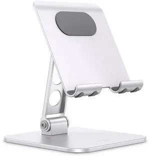 OMOTON Upgraded Adjustable Tablet Stand Holder, Heavy Duty Foldable Portable Monitor Stand, Travel Essentials for iPad Pro/Air/Mini, Surface Pro, Portable Monitor 4.7''-15.6', Silver