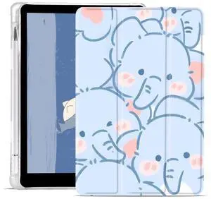 JOYLAND Lovely Cartoon Elephant Case for iPad Pro 11 Inch M4(2024) 5th Generation with Pencil Holder, Auto Wake/Sleep, Clear TPU Blue Leather Anti-Scratch Smart Foldable Stand Back Cover