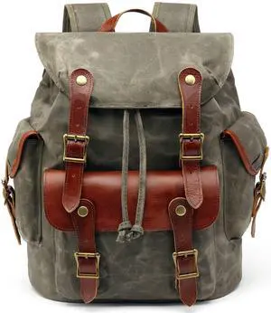 HuaChen Vintage Heavy Duty Canvas Backpack with Leather Trims,Military Rucksack for Travel, Hiking,School, College Bookbag Daypack - M85 Army Green